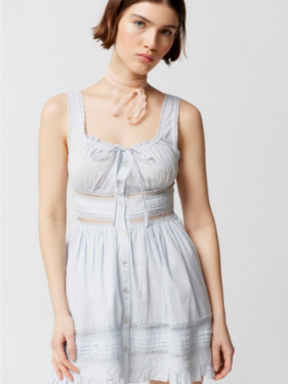 Light Blue Lace-Trim Button Front Sundress